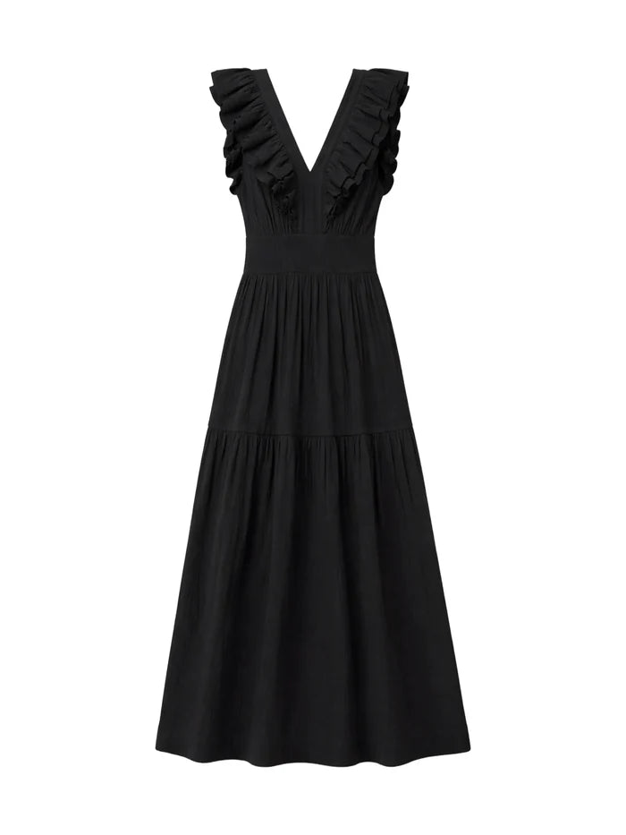 Black Cheesecloth Ruffle V-Neck Midi Dress Cotton Resort