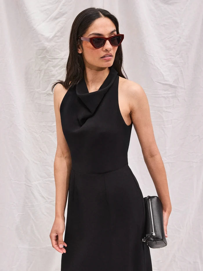 Black Linen-Blend Cowl-Neck Midaxi Dress