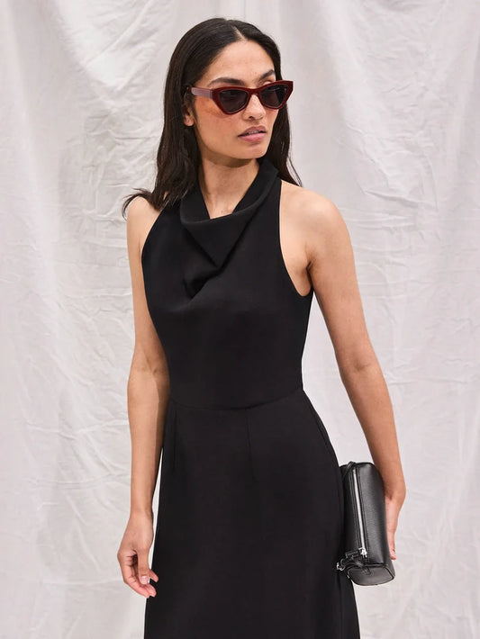 Black Linen-Blend Cowl-Neck Midaxi Dress
