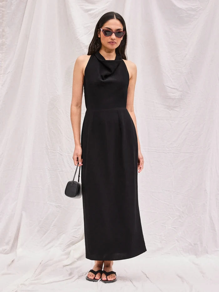 Black Linen-Blend Cowl-Neck Midaxi Dress