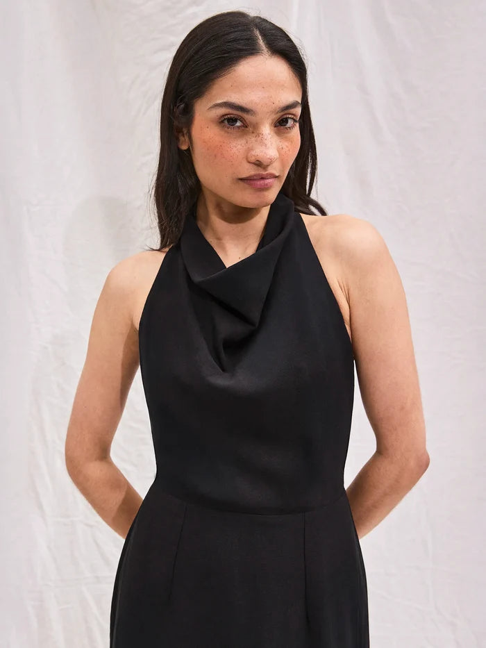 Black Linen-Blend Cowl-Neck Midaxi Dress