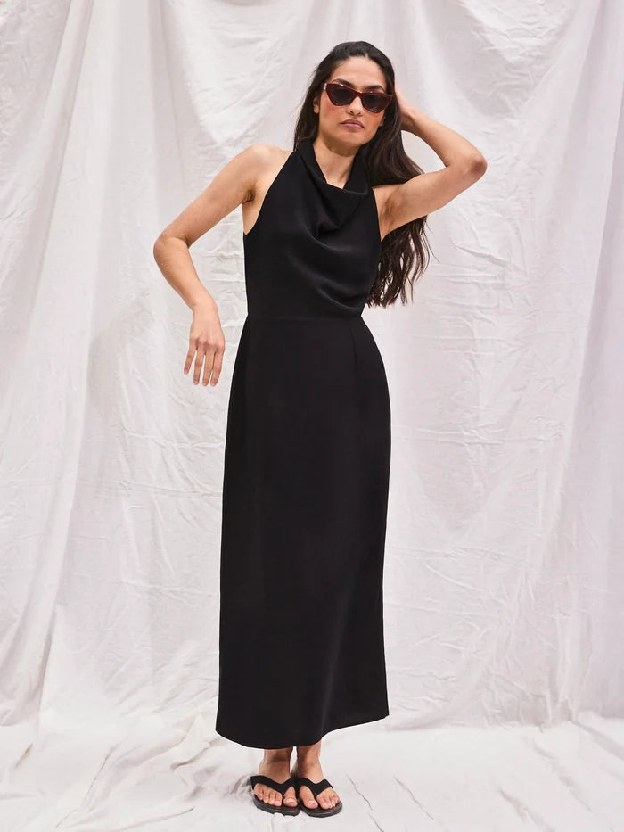 Black Linen-Blend Cowl-Neck Midaxi Dress