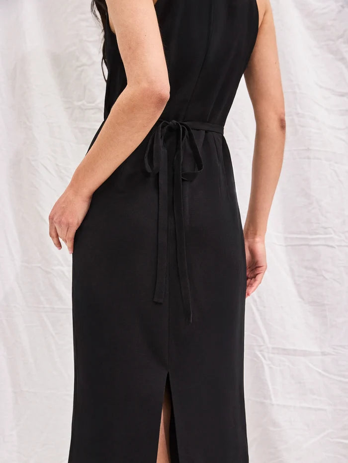 Black Linen-Blend Cowl-Neck Midaxi Dress