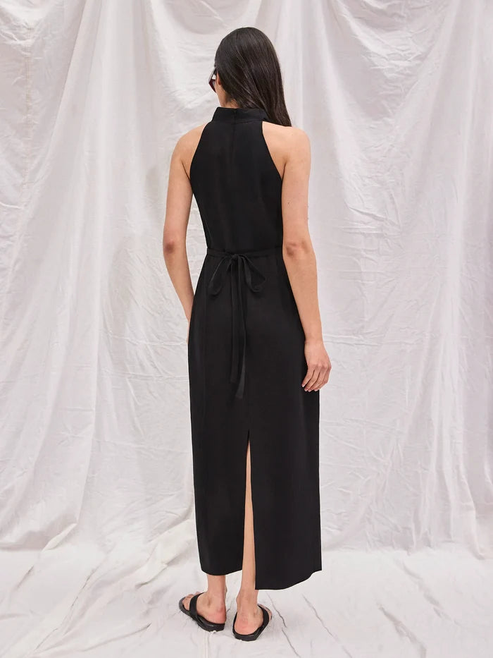 Black Cowl Neck Midi Dress With Linen