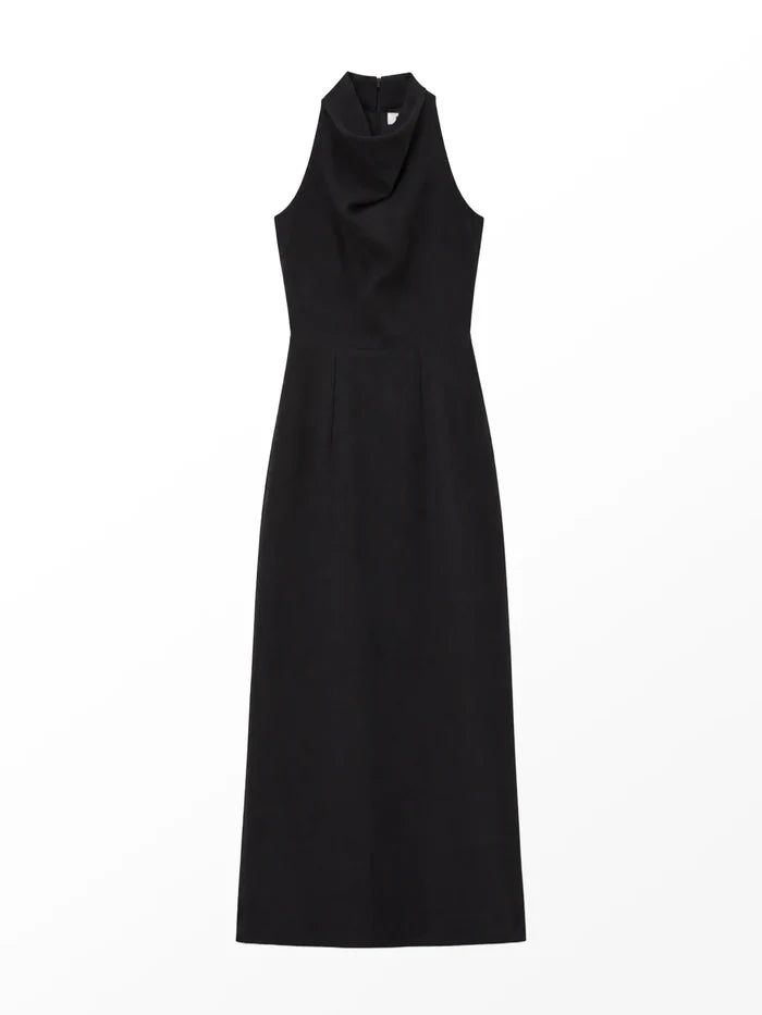 Black Cowl Neck Midi Dress With Linen