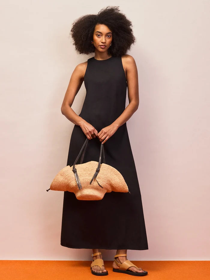 Black Racer-Neck Tie Back Dress With Linen