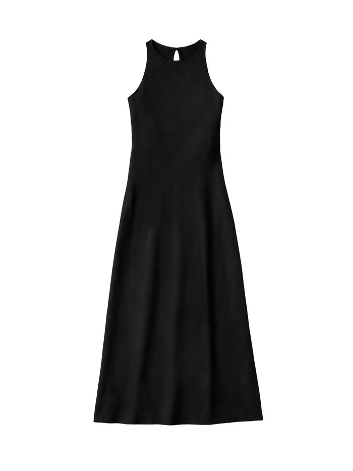 Black Racer-Neck Tie Back Dress With Linen