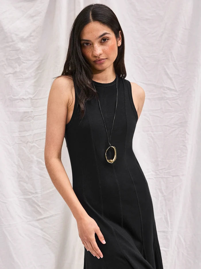 Black Slub Jersey Seam Detail Midi Dress