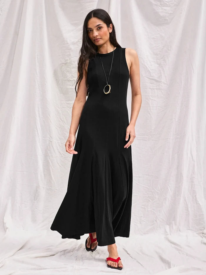 Black Slub Jersey Seam Detail Midi Dress