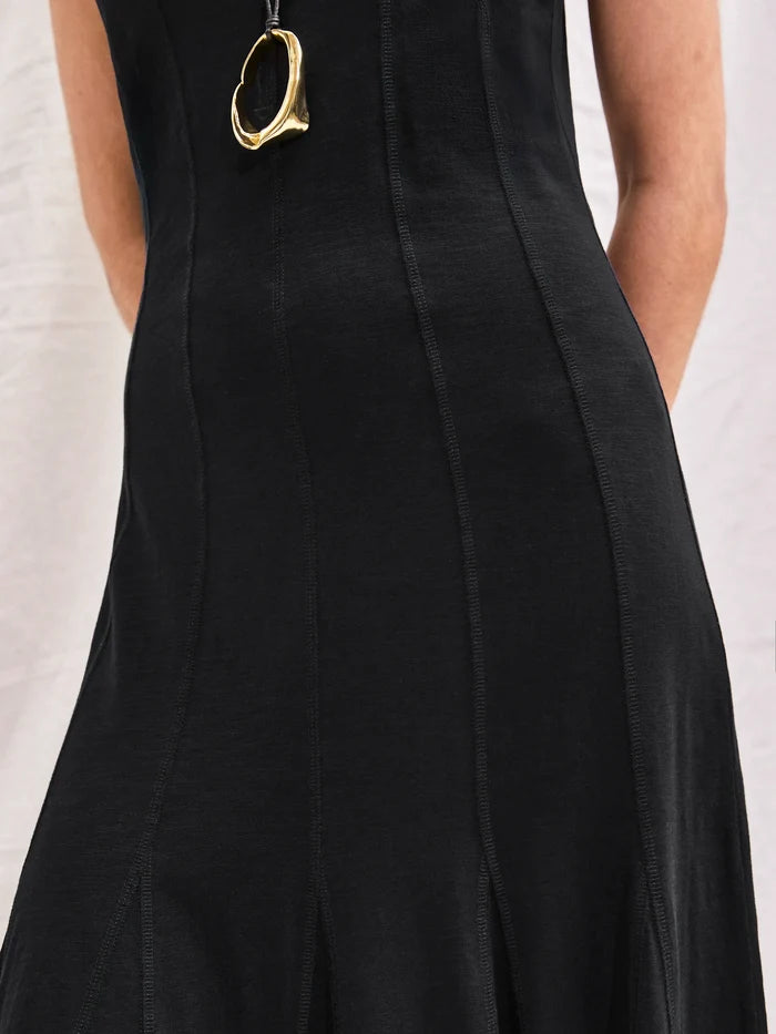 Black Slub Jersey Seam Detail Midi Dress