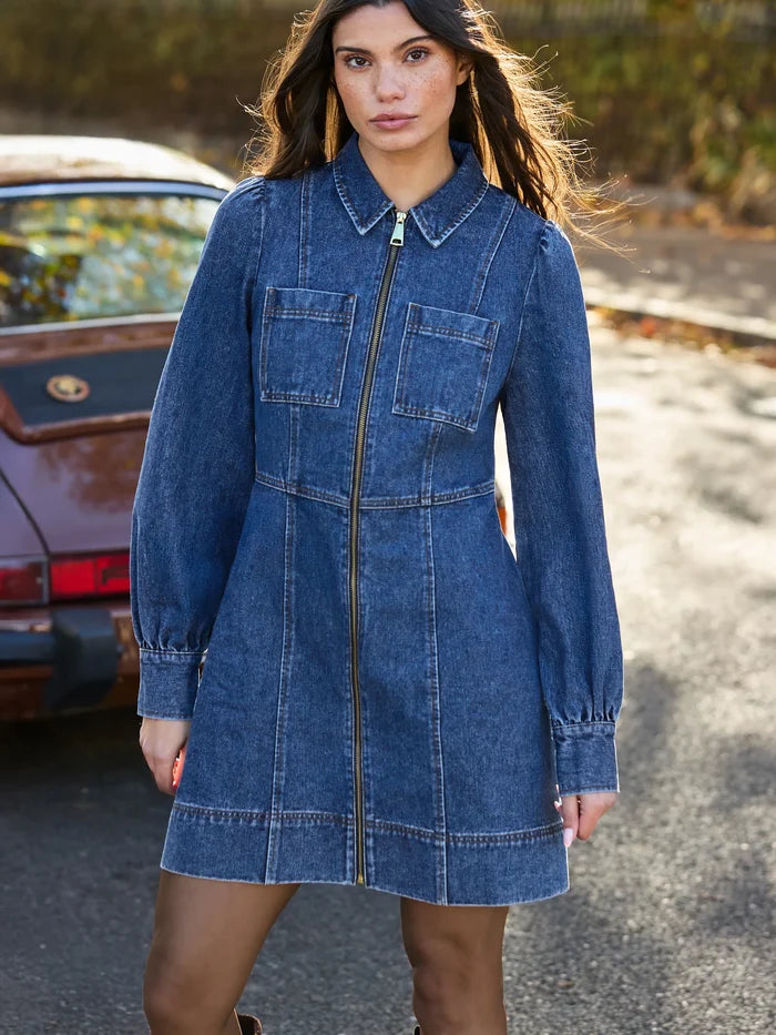 Petite Blue Denim Zip Front Mini Dress