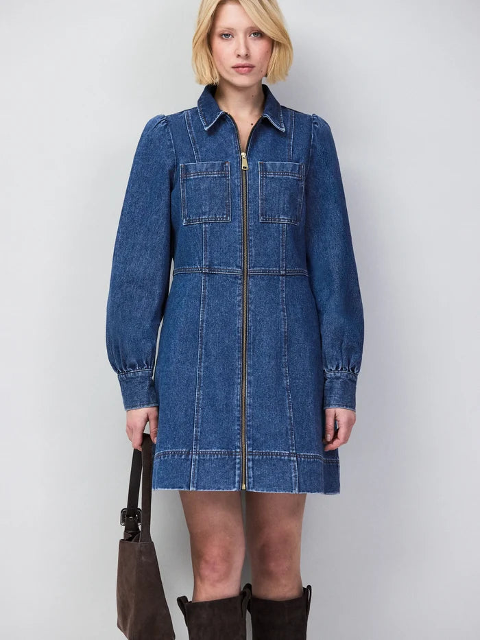 Petite Blue Denim Zip Front Mini Dress