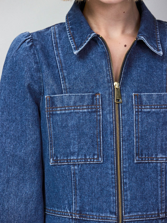 Petite Blue Denim Zip Front Mini Dress