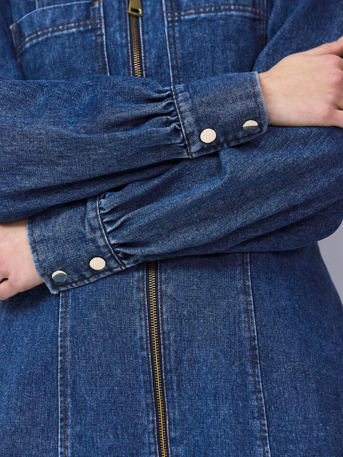 Petite Blue Denim Zip Front Mini Dress