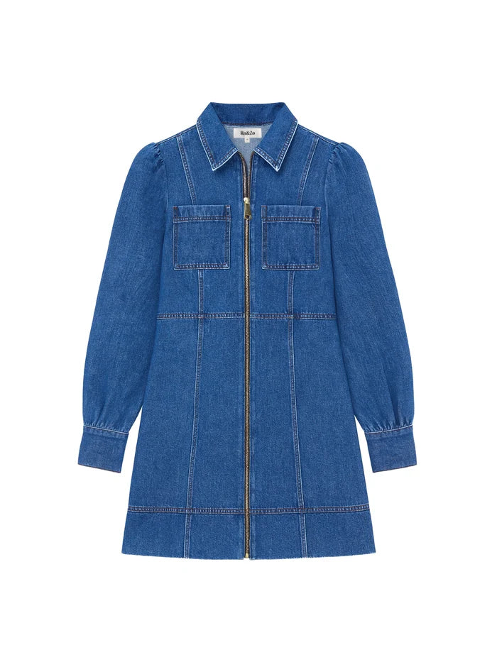 Petite Blue Denim Zip Front Mini Dress