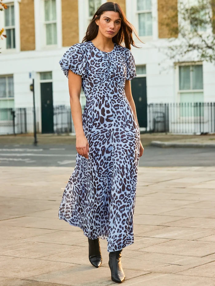 Petite Blue Leopard-Print Button-Detail Dress