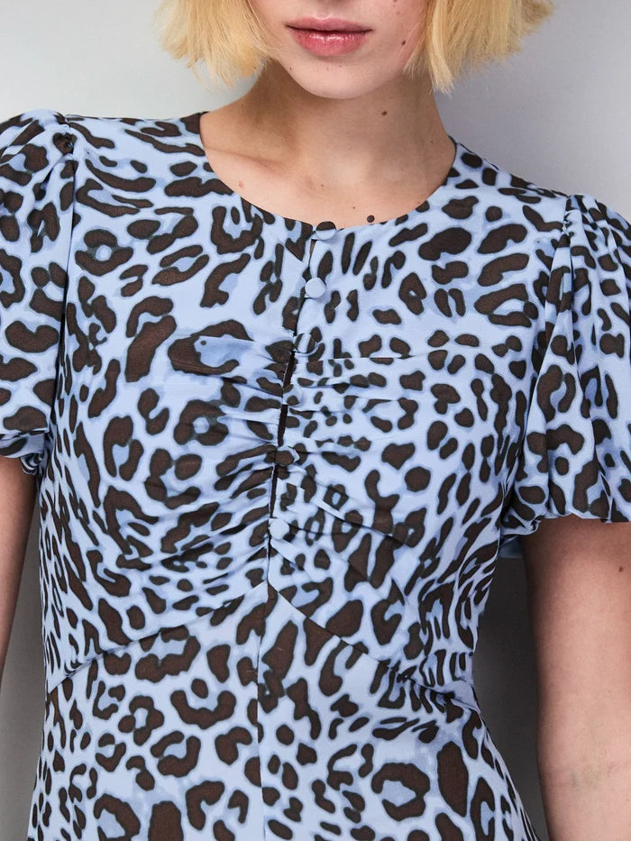 Petite Blue Leopard-Print Button-Detail Dress