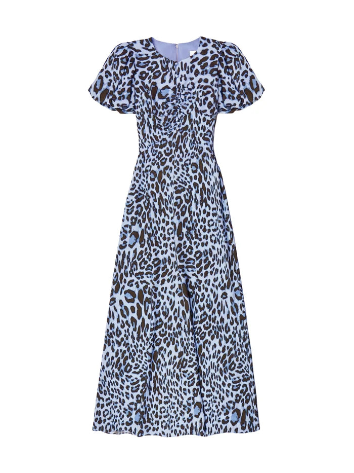 Petite Blue Leopard-Print Button-Detail Dress