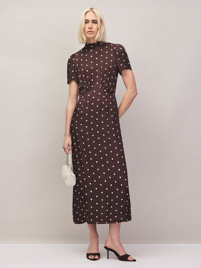 Petite Brown Polka Dot Puff Sleeve Dress