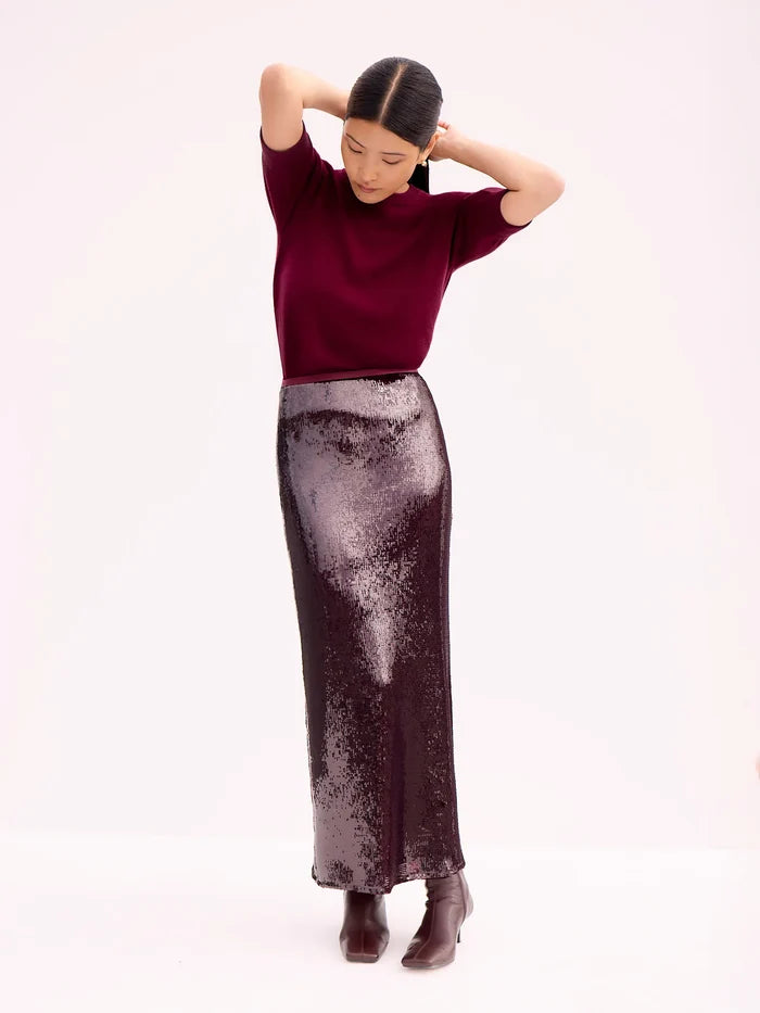 Petite Burgundy Liquid Sequinned Skirt