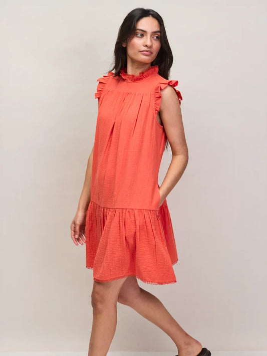 Coral Cheesecloth Frill Neck Mini Dress
