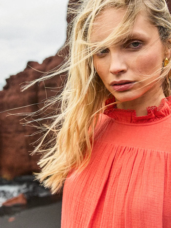 Coral Cheesecloth Frill Neck Mini Dress