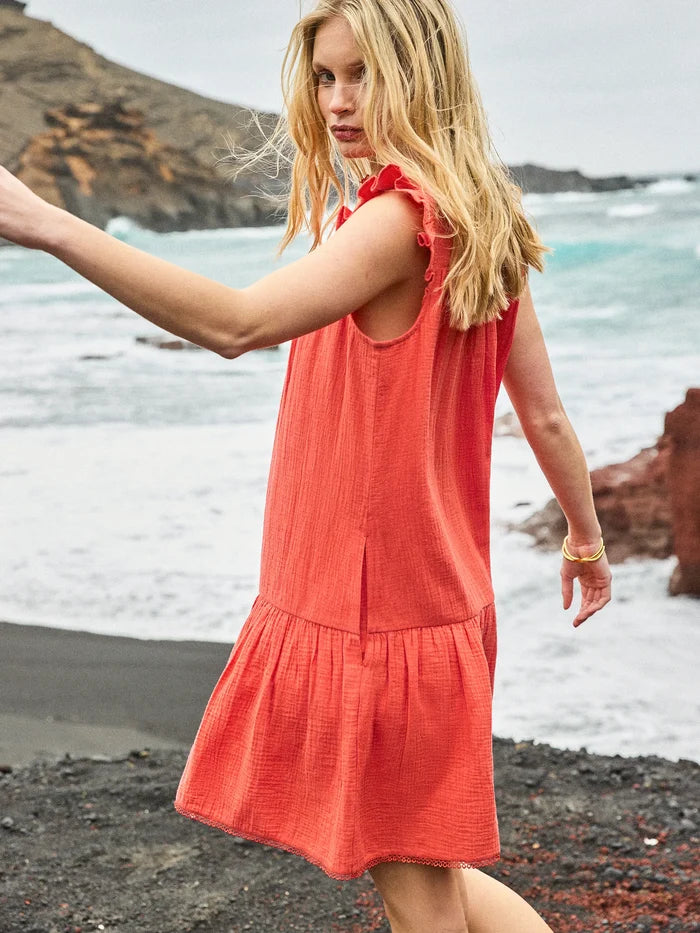 Coral Cheesecloth Frill Neck Mini Dress