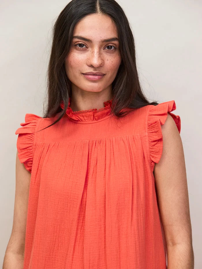 Coral Cheesecloth Frill Neck Mini Dress