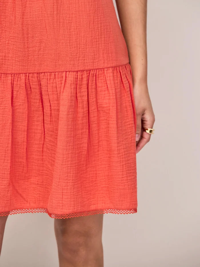 Coral Cheesecloth Frill Neck Mini Dress