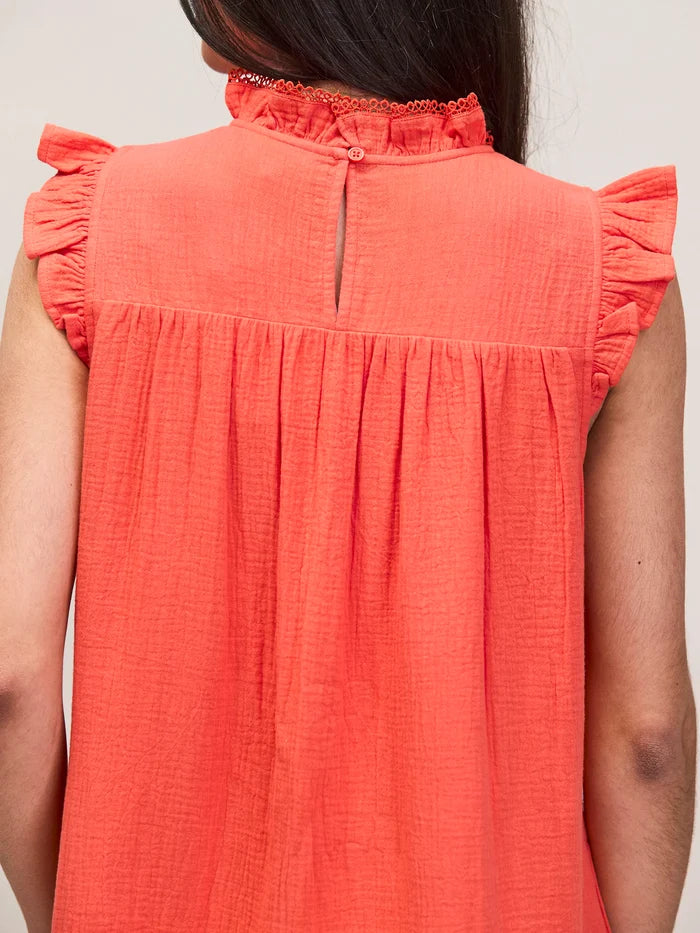 Coral Cheesecloth Frill Neck Mini Dress