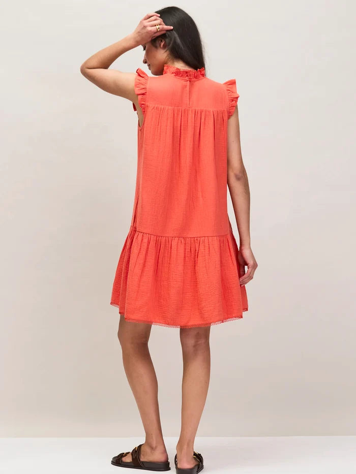 Coral Cheesecloth Frill Neck Mini Dress