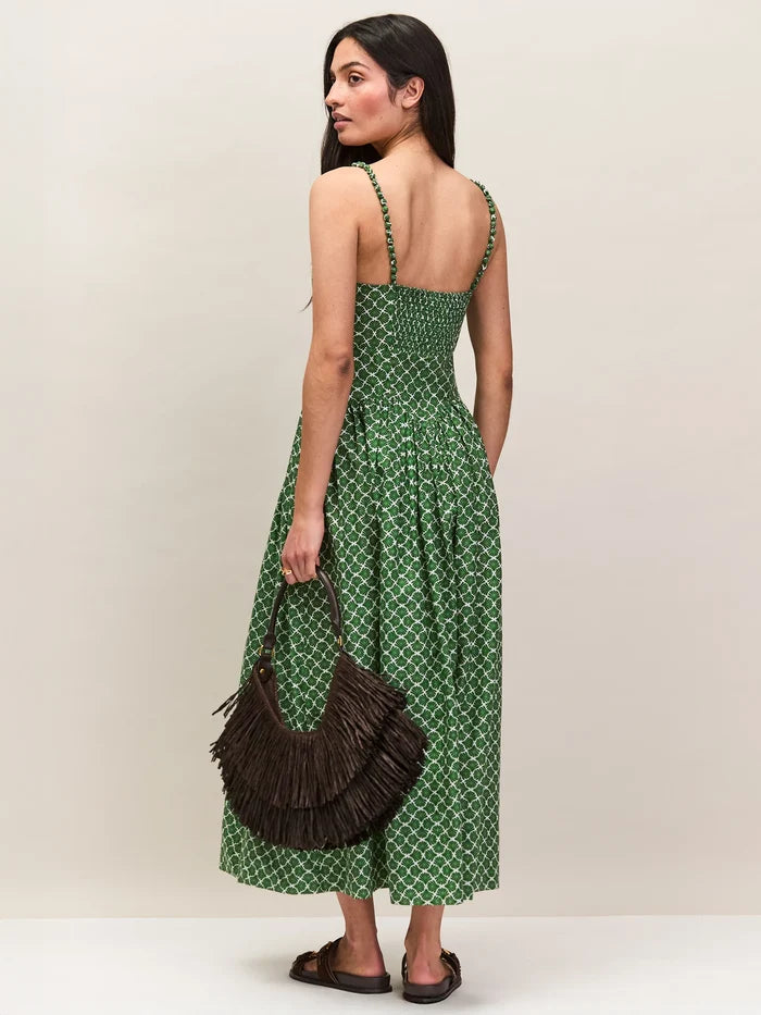 Green Fan Print Beaded Strap Dress Cotton