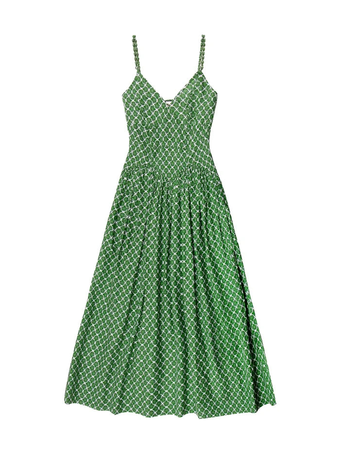 Green Fan Print Beaded Strap Dress