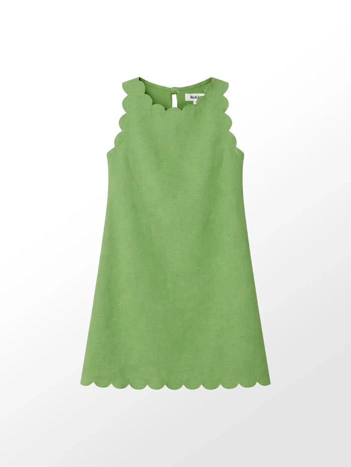 Petite Green Scallop Edge Mini Dress With Linen