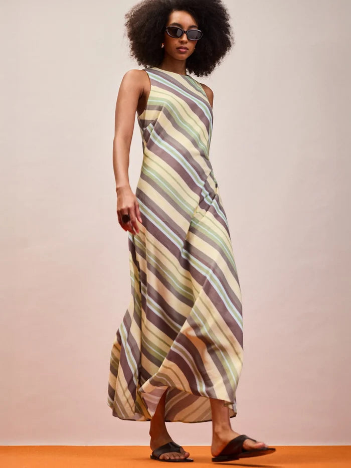 Green stripe sleeveless midaxi linen blend dress with racer neckline