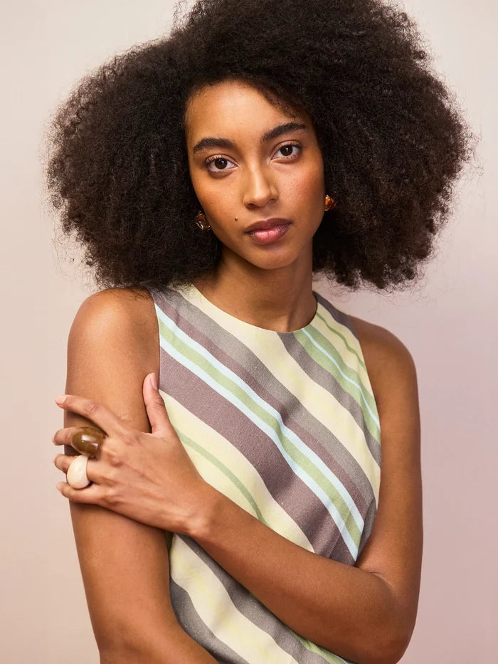 Green stripe sleeveless racer-neck linen blend dress detail
