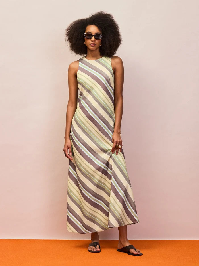 Green stripe racer-neck linen blend midaxi dress