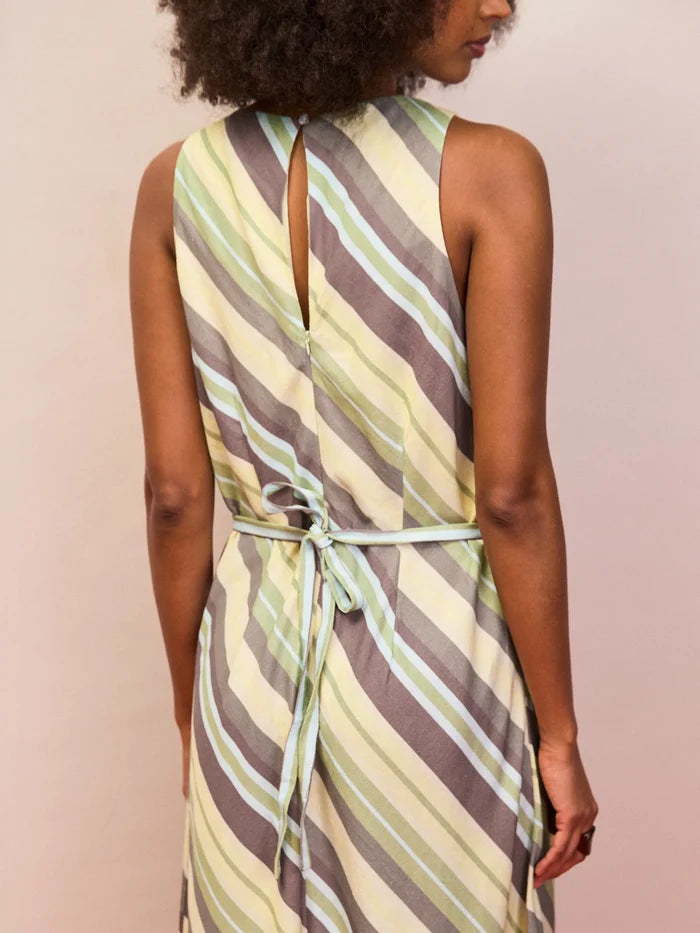 Green stripe racer-neck linen blend midaxi dress with tie back detail