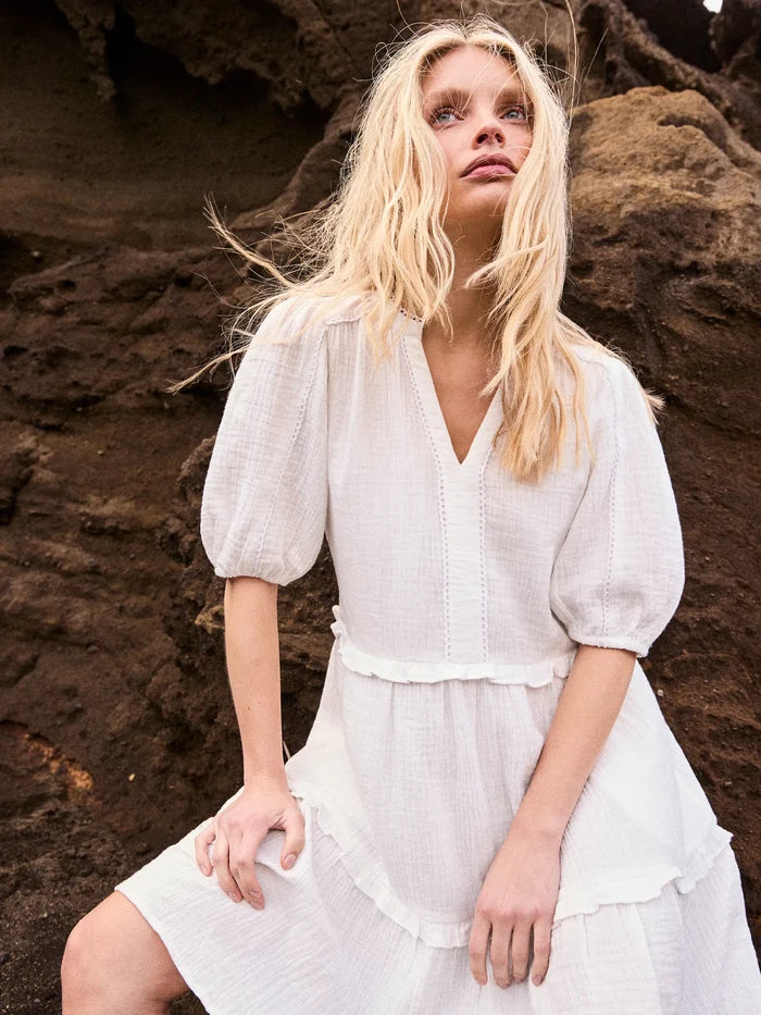 Ivory Cheesecloth Frill-Detail Mini Dress Resort Dress Holiday
