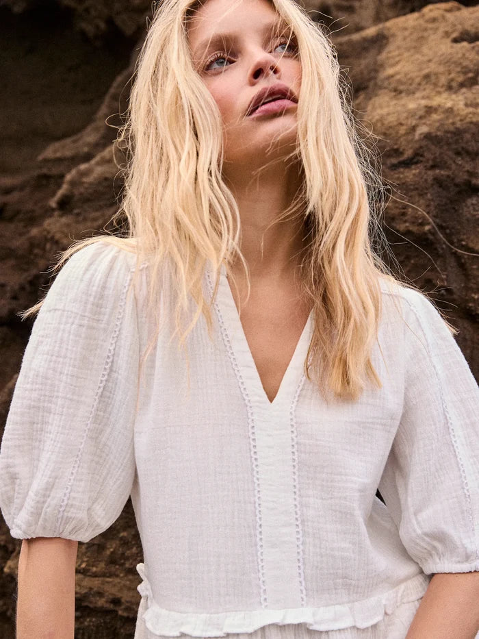 Ivory Cheesecloth Frill-Detail Mini Dress Resort Dress Holiday