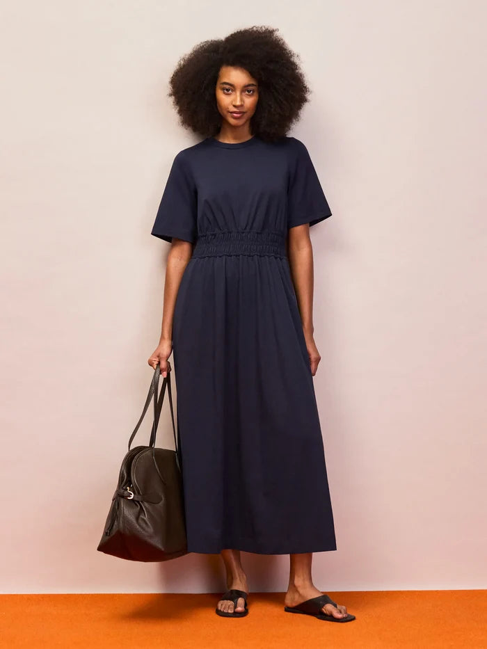 Navy midi dress with elasticated waist detail and relaxed short sleeves
