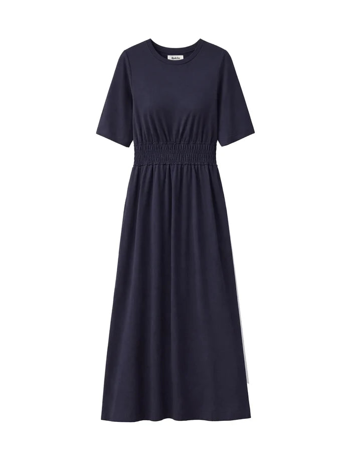 Elegant navy elasticated waist detail dress with relaxed fit and mid-length hem