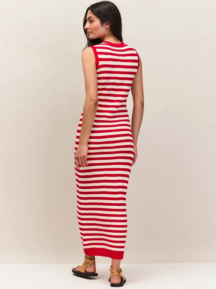 Red Stripe Knit Midi Dress Cotton Summer Resort