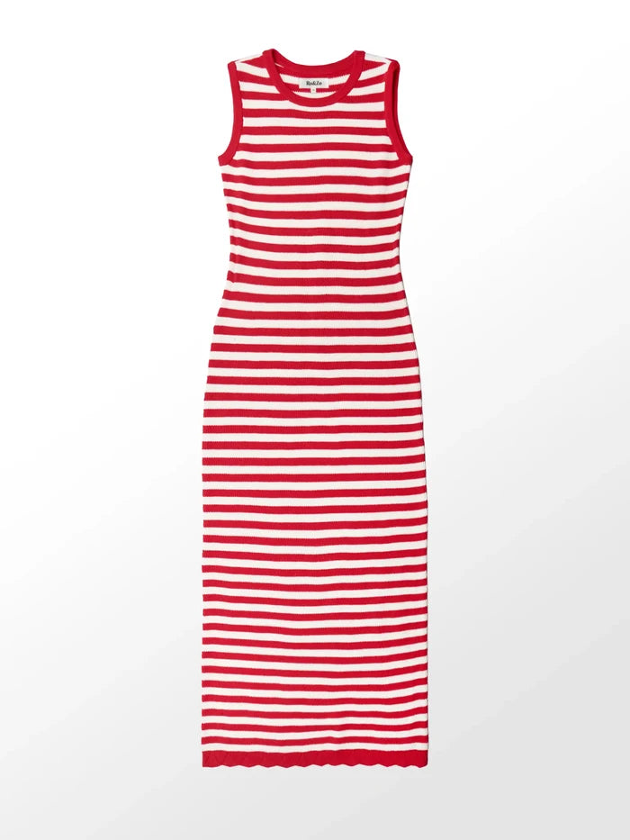 Red Stripe Knit Midi Dress Cotton Summer Resort