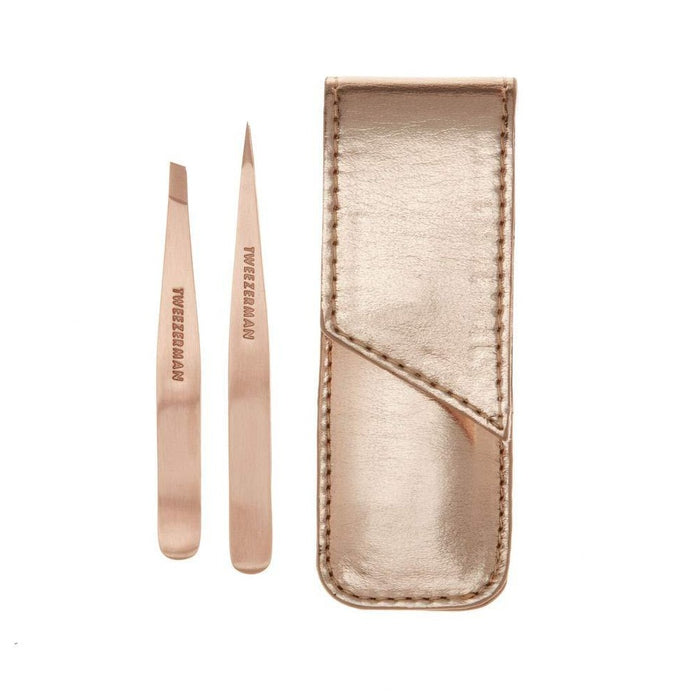 Petite Rose Gold Tweeze Set | Tweezerman featuring two precision tweezers in rose gold finish with a matching rose gold protective leather case, ideal for skincare and grooming.
