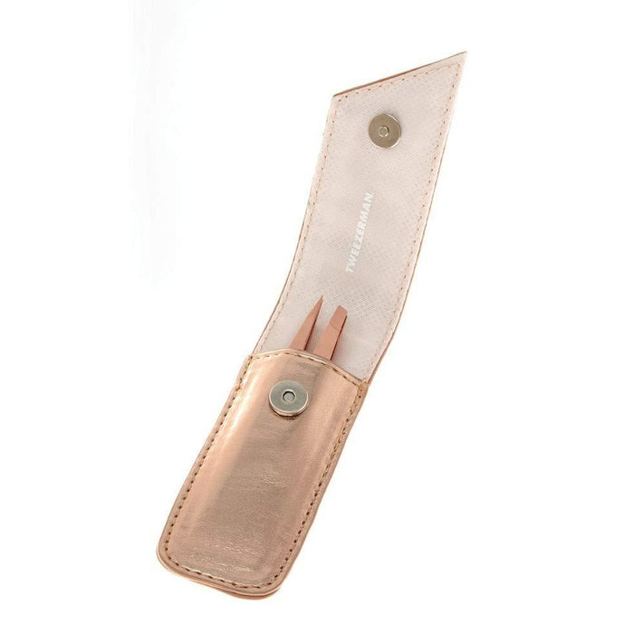 Petite Rose Gold Tweeze Set | Tweezerman featuring a sleek rose gold tweezer in a matching compact case, ideal for precise skincare and grooming routines.