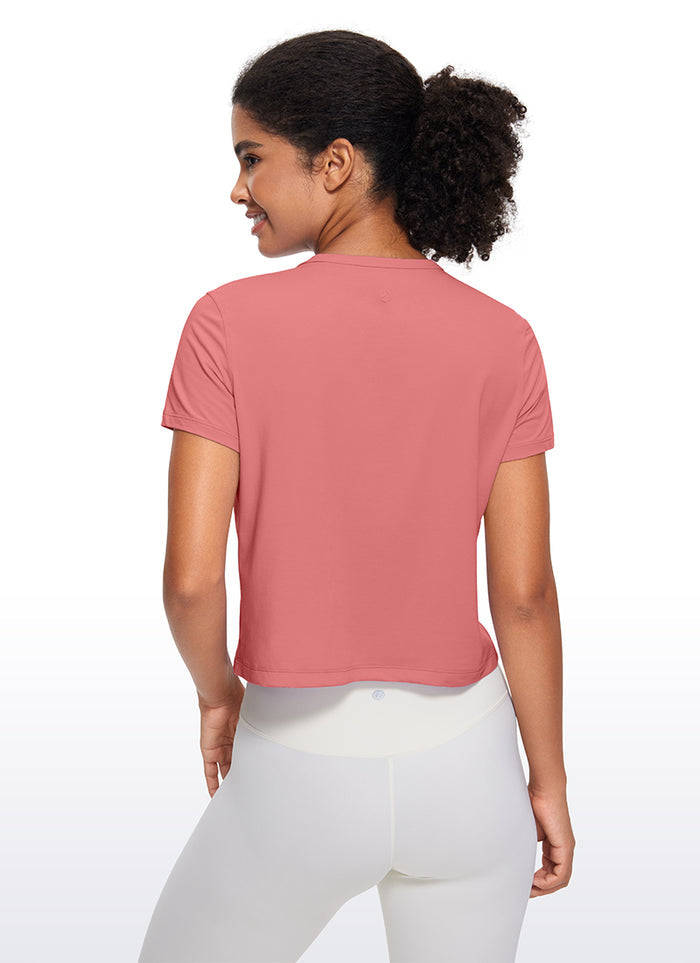 CRZ YOGA Women's Yoga Classic Fit Pima Cotton Short Sleeves High Neck Briar Rose