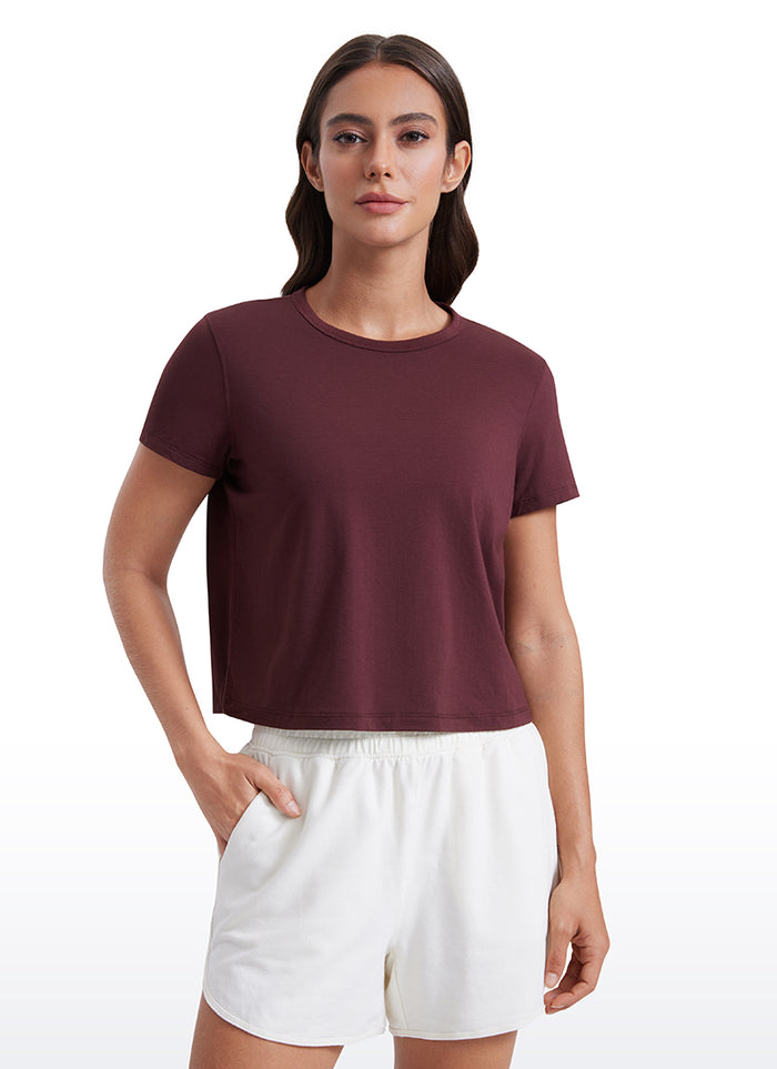 CRZ YOGA Women's Yoga Classic Fit Pima Cotton Short Sleeves High Neck Dark Red 2