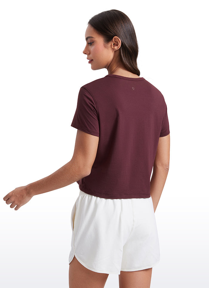 CRZ YOGA Women's Yoga Classic Fit Pima Cotton Short Sleeves High Neck Dark Red 2