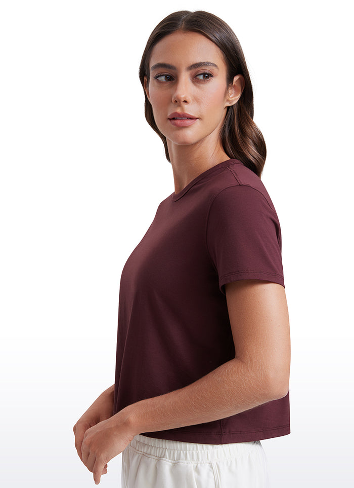 CRZ YOGA Women's Yoga Classic Fit Pima Cotton Short Sleeves High Neck Dark Red 2